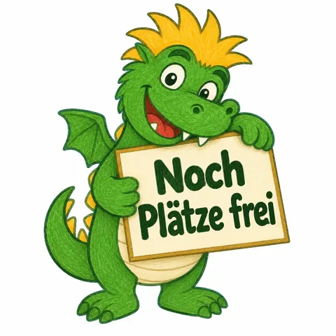 Zwergdrache mit dem Schild ‚Noch Plätze frei‘